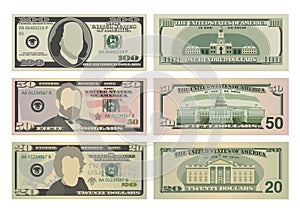 Set of one hundred dollars, fifty dollars and twenty dollar bills. 100, 50 and 20 US dollars banknotes from front and