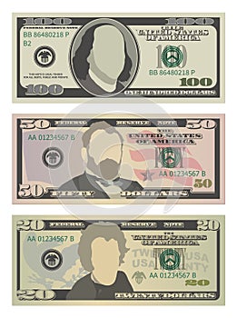 Set of one hundred dollars, fifty dollars and twenty dollar bills. 100, 50 and 20 US dollars banknotes. Vector