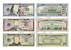 Set of one hundred dollars, fifty dollars and twenty dollar bills in new design