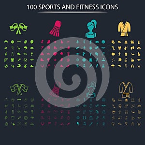 Set of one hundred full and thin sport icons on the background