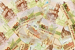 Set of one hundred Russian rubles banknotes with Crimea symbolics.