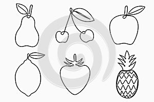 Set of one line drawing fruits. Continuous line fruit - pear, apple, cherry, lemon, strawberry and pineapple.