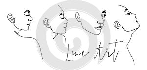 Set of One Line Woman`s Face. Continuous line Portrait in Profile of a girl In a Modern Minimalist Style. Vector