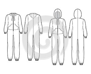 Set of Onesie overall jumpsuit sleepwear technical fashion illustration with hood, zipper closure, kangaroo pouch