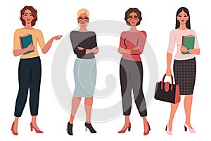 Set of Ñonfident beautiful young women in different poses. School or college teacher, office worker, successful businesswoman.