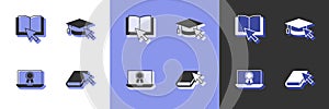 Set Online book, education with diploma and Graduation cap cursor icon. Vector