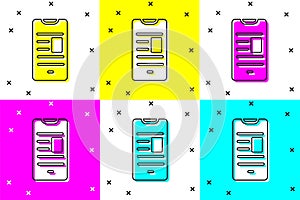 Set Online book on mobile icon isolated on color background. Internet education concept, e-learning resources. Vector
