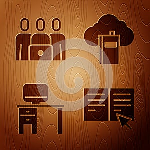 Set Online book, Online class, Computer monitor and desk and Cloud or online library on wooden background. Vector