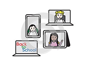 Set of online classroom, kids on laptop, smartphone and tablet screen and color back to school text on laptop screen