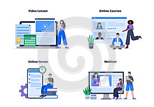 Set of online course concepts. People choose an online course, watch a video lesson and webinar, communicate at a forum