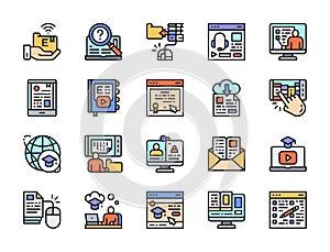 Set of Online Education Color Line Icons. Library, Certificate, Podcast and more