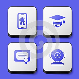 Set Online education with diploma, Graduation cap globe, Certificate template and Web camera icon. White square button