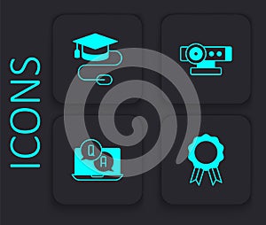 Set Online education with diploma, Graduation cap mouse, Web camera and Question and Answer icon. Black square button