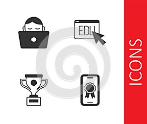 Set Online education with diploma, Student working laptop, Award cup and icon. Vector