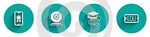 Set Online education with diploma, Web camera, Graduation cap mouse and icon with long shadow. Vector
