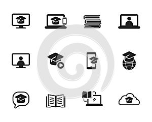 Set of online education icon with solid black color