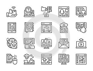 Set of Online Education Line Icons. Diploma, Library, Webinar, Podcast and more.