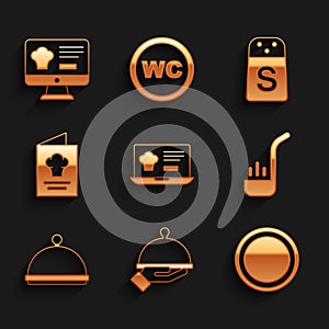 Set Online ordering and delivery, Covered with tray of food, Plate, Kitchen ladle, Cookbook, Salt and icon. Vector