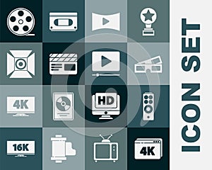 Set Online play video with 4k, Remote control, 3D cinema glasses, Movie clapper, spotlight, Film reel and icon. Vector