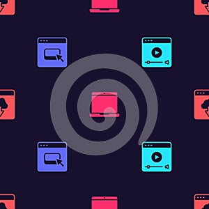 Set Online play video, Browser files, Laptop and Cloud technology data transfer on seamless pattern. Vector