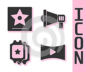 Set Online play video, Hollywood walk of fame star, Cinema ticket and Megaphone icon. Vector