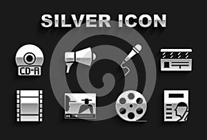 Set Online play video, Movie clapper, Cinema poster, Film reel, Play Video, Microphone, CD or DVD disk and Megaphone