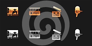 Set Online play video, Movie clapper, and Retro cinema camera icon. Vector