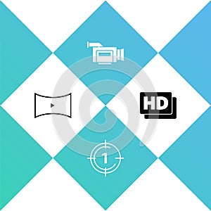 Set Online play video, Old film movie countdown frame, Cinema camera and Hd movie, tape, icon. Vector