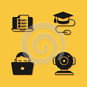 Set Online quiz, test, survey, Web camera, Student working at laptop and Graduation cap with mouse icon with long shadow