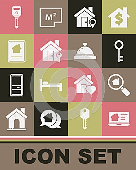 Set Online real estate house, Search, House key, Location with, and Hotel service bell icon. Vector