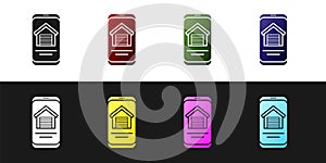 Set Online real estate house on smartphone icon isolated on black and white background. Home loan concept, rent, buy