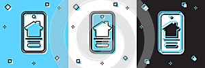 Set Online real estate house on smartphone icon isolated on blue and white, black background. Home loan concept, rent