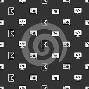 Set Online shopping on screen, Front end development, Web and UI or UX design on seamless pattern. Vector