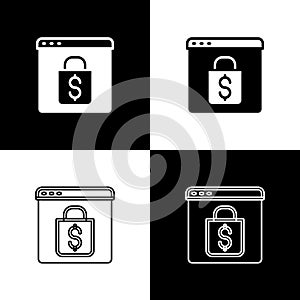 Set Online shopping on screen icon isolated on black and white background. Concept e-commerce, e-business, online