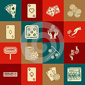 Set Online slot machine, Casino chips exchange on stacks of dollars, Human hand throwing game dice, Game, Playing card