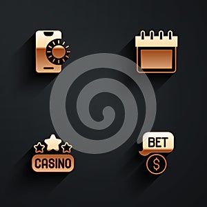 Set Online sports betting, Calendar, Casino signboard and chip with dollar icon with long shadow. Vector