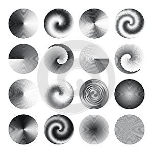 Set of op art circle design elements. Optical geometric black and white round background illustrations.