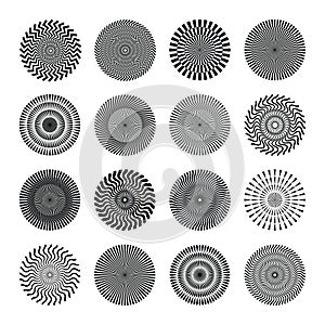 Set of op art circle design elements. Optical geometric black and white round background illustrations.