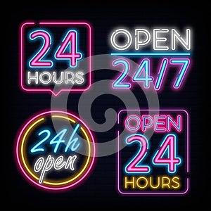 set Open 24 Hours Neon Signs Vector