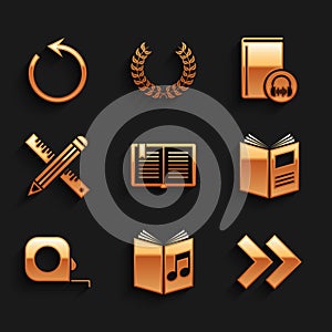 Set Open book, Audio, Arrow, Roulette construction, Crossed ruler and pencil, and Refresh icon. Vector