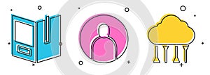 Set Open book, Create account screen and Network cloud connection icon. Vector