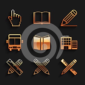 Set Open book, Crossed pencil, ruler and, Hotel building, Bus, Pencil line and Pixel hand cursor icon. Vector