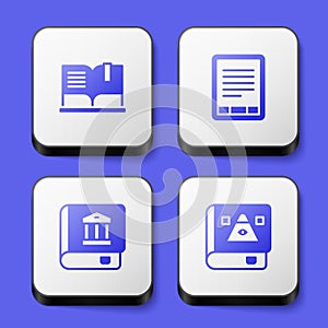 Set Open book, E-Book reader, Law and Ancient magic icon. White square button. Vector