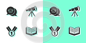 Set Open book, Graduation cap in speech bubble, Medal and Telescope icon. Vector