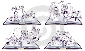 Set Open book illustration tale story of Pinocchio, Cipollino, Alladin and Puss in Boots