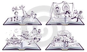 Set Open book illustration tale story of Pinocchio, Cipollino, Alladin and Puss in Boots photo