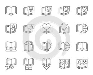 Set of open book line icons. Brainstorm, love diary, best book, encyclopedia, good literature and more.