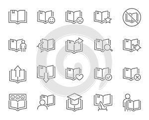 Set of open book line icons. E-book, web library, online instruction, bookcrossing and more.