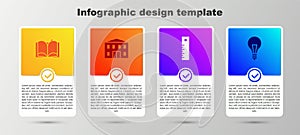 Set Open book, School building, Ruler and Light bulb with concept of idea. Business infographic template. Vector