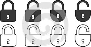 set of open and close padlock line and flat icon. collection of locked and unlocked lock on transparent background. Group Security